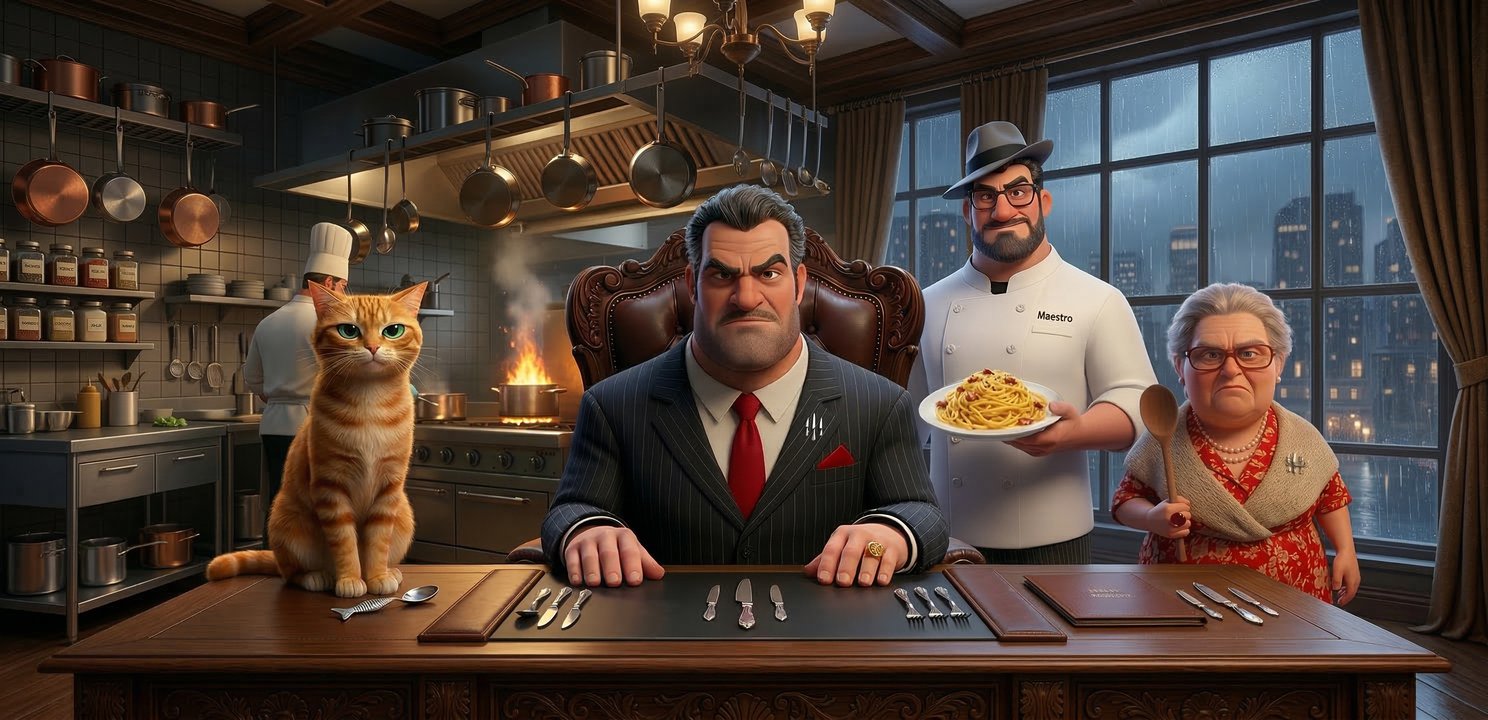 Don Andrea, Luigi, and Nonna in the kitchen